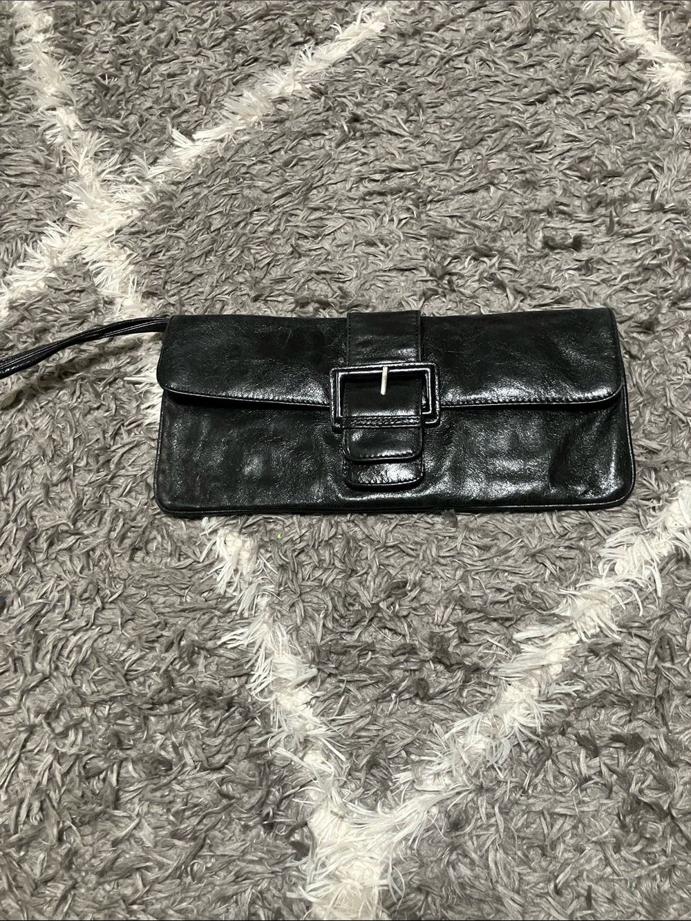 Black Leather Buckle Clutch Wristlet